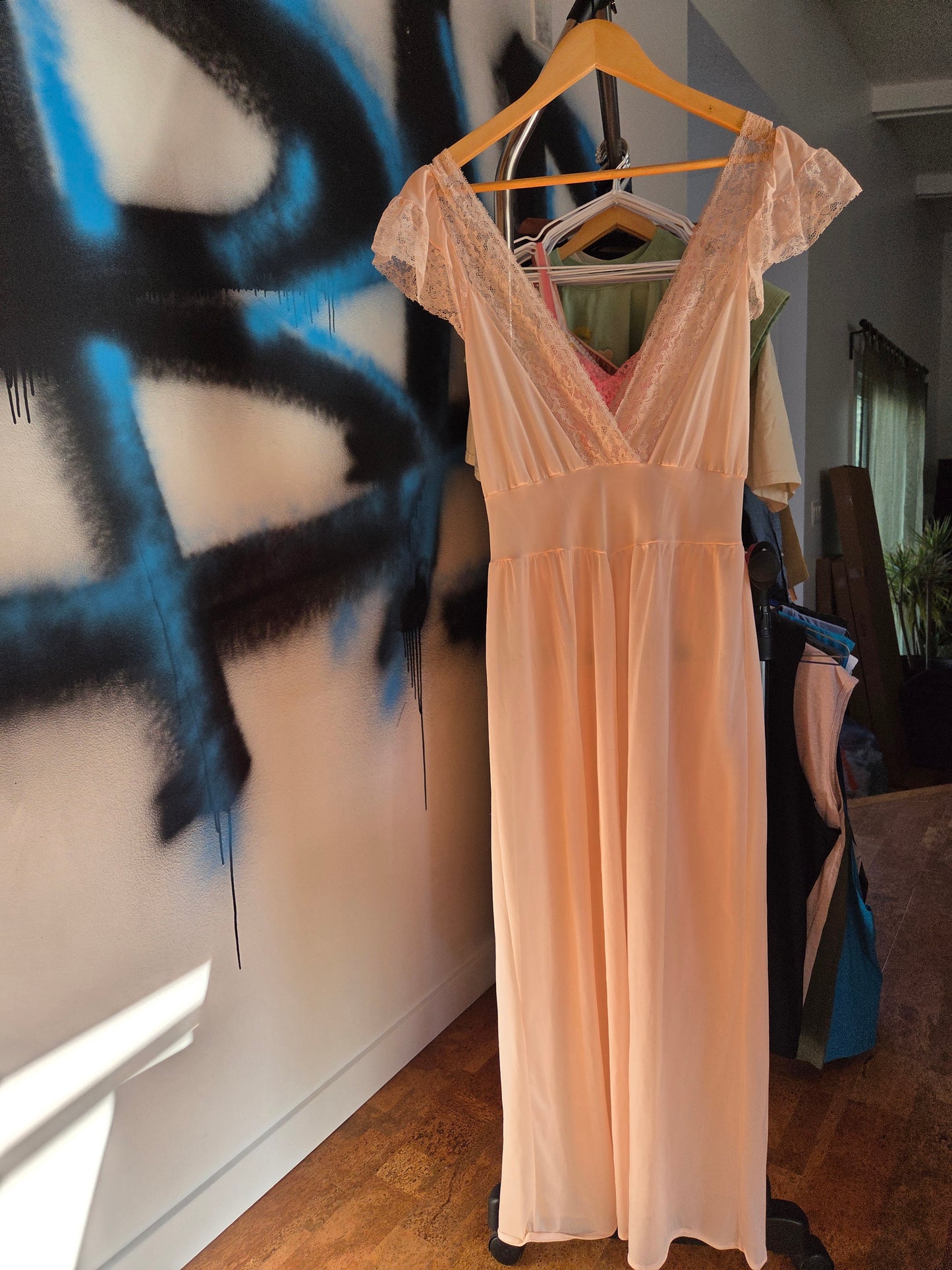 Vintage light pink lace trimmed long nightgown