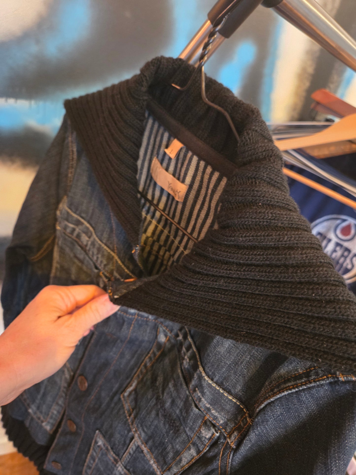 Jean Jacket with sweater edging on bottom, neck and sleeves