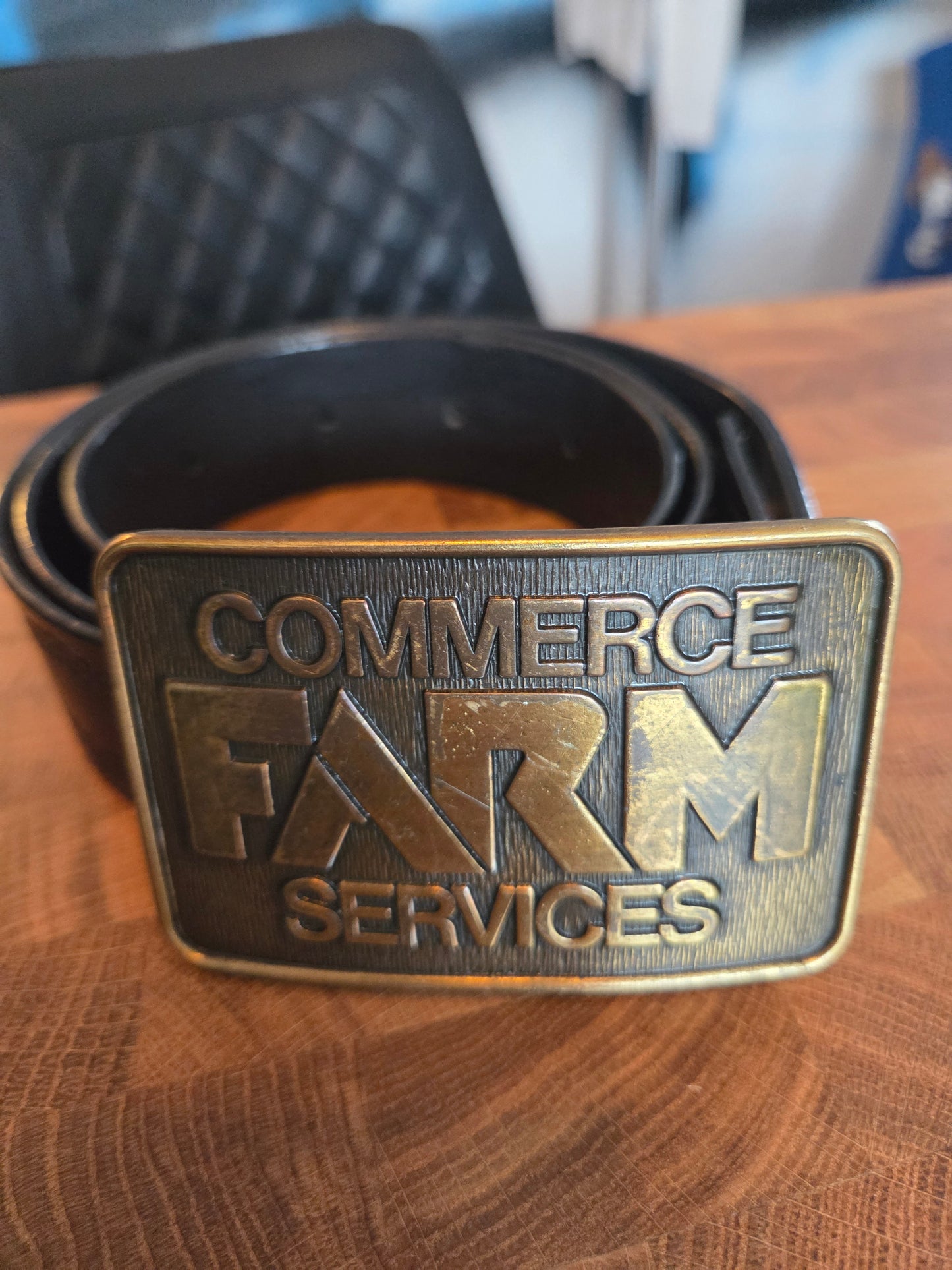 Commerce Farm Services belt buckle vintage black leather belt