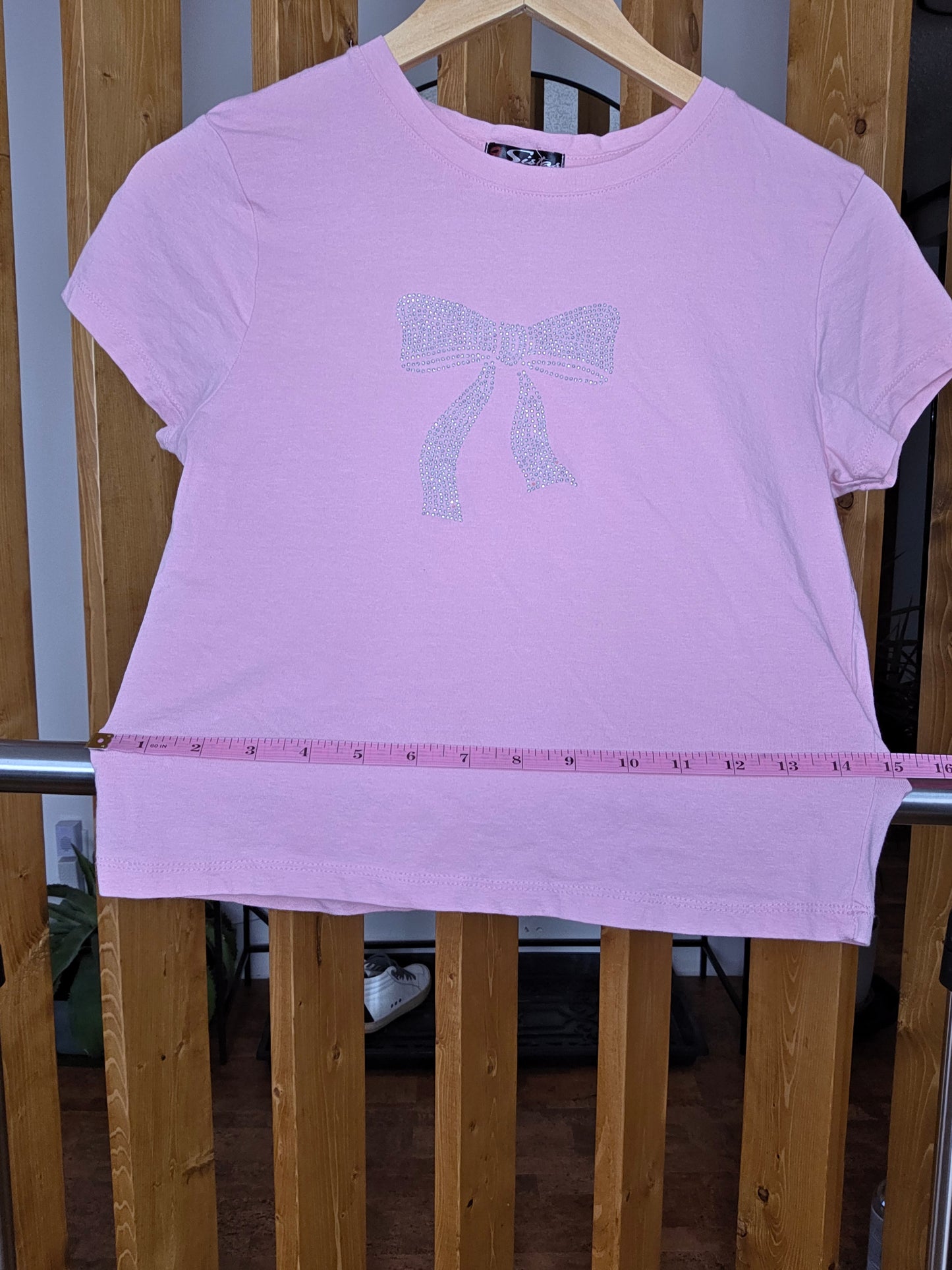 Pink sparkle bow crop T