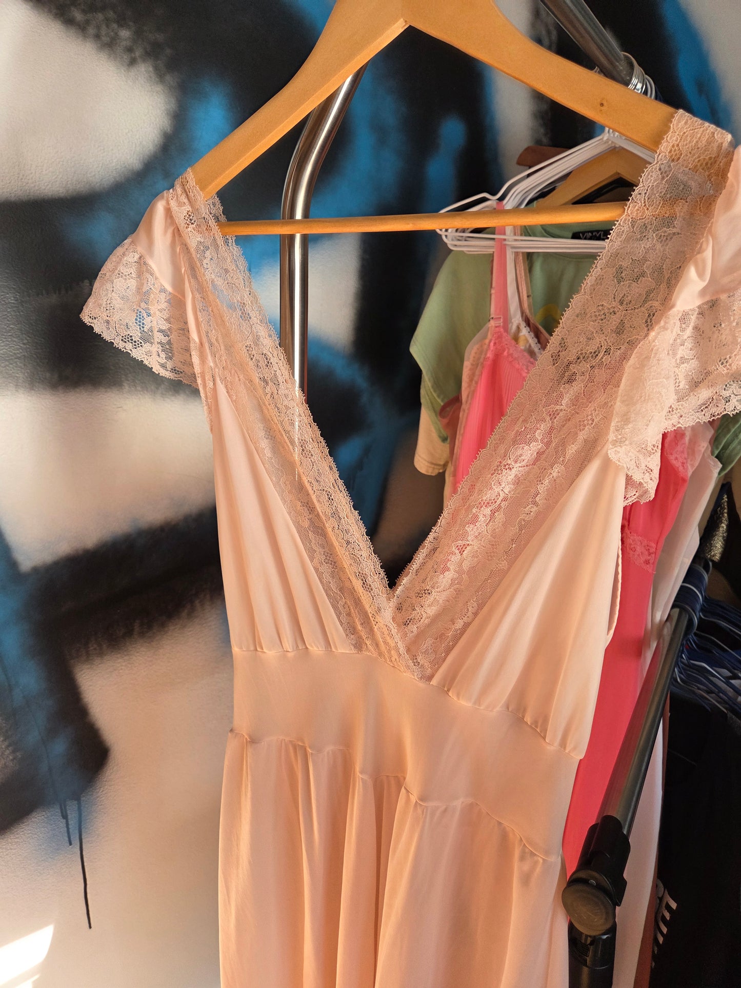 Vintage light pink lace trimmed long nightgown