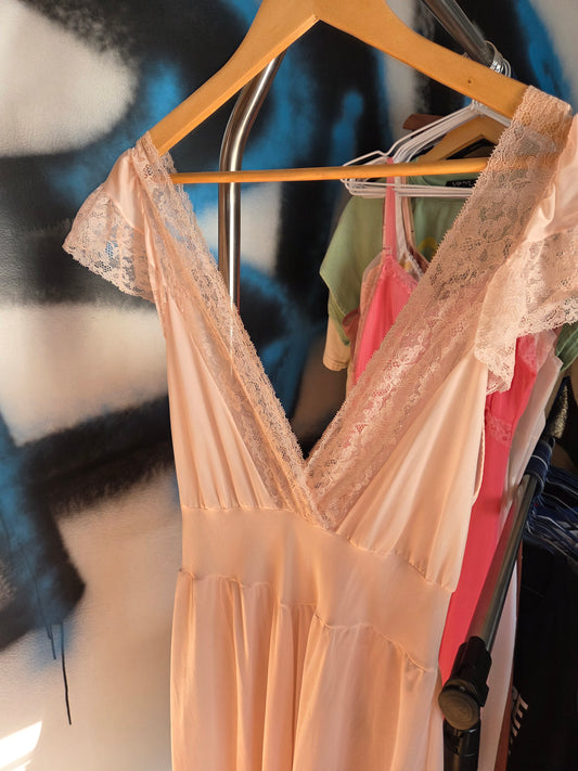 Vintage light pink lace trimmed long nightgown