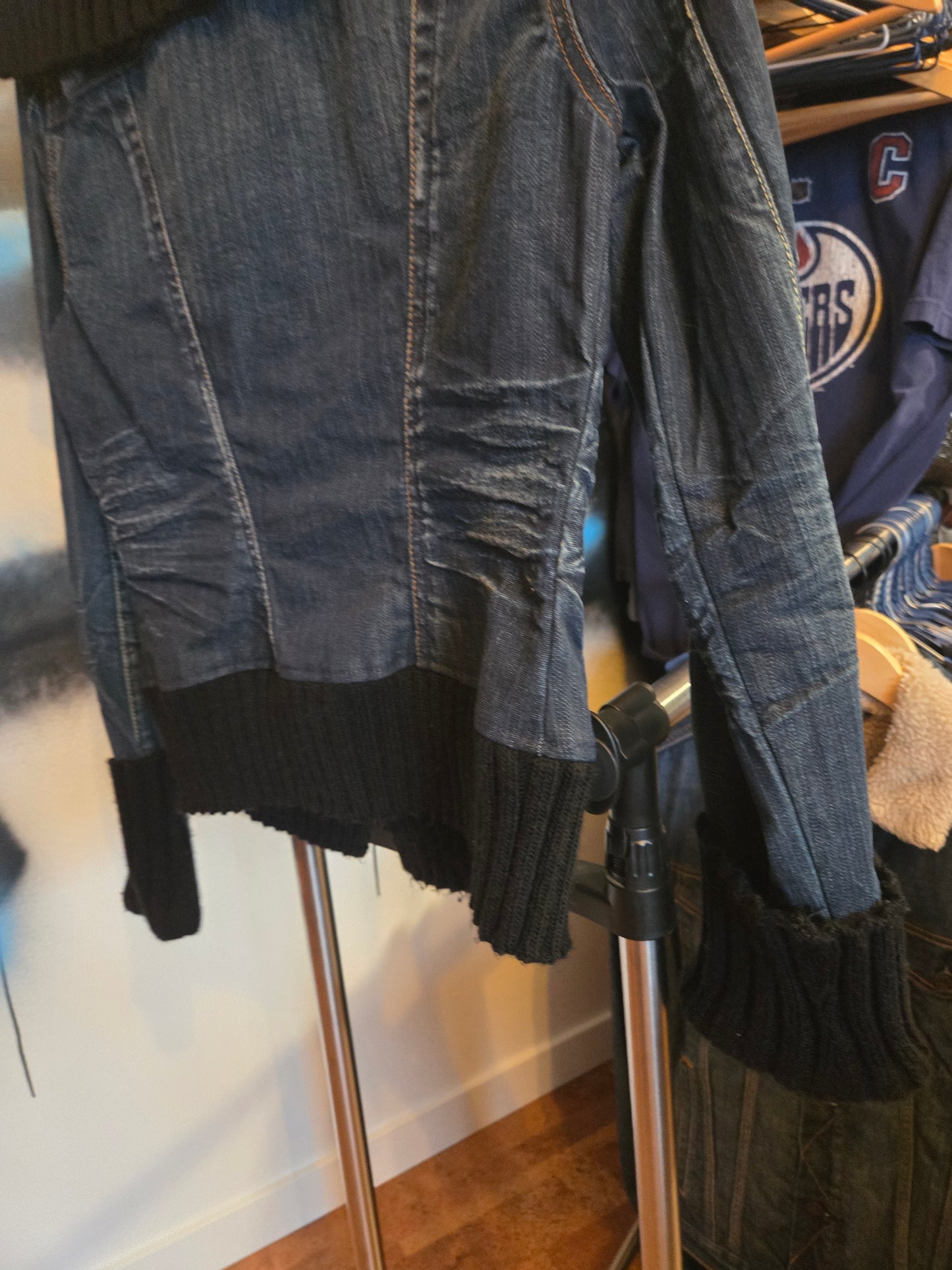 Jean Jacket with sweater edging on bottom, neck and sleeves