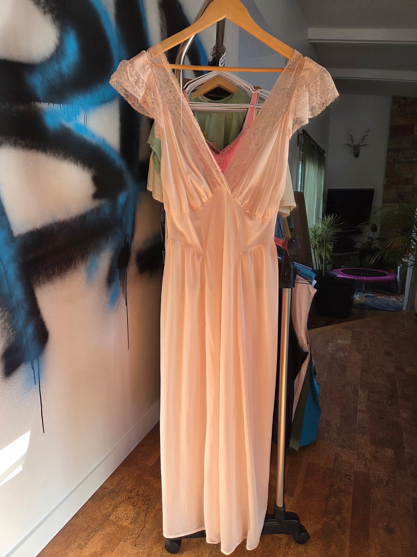 Vintage light pink lace trimmed long nightgown