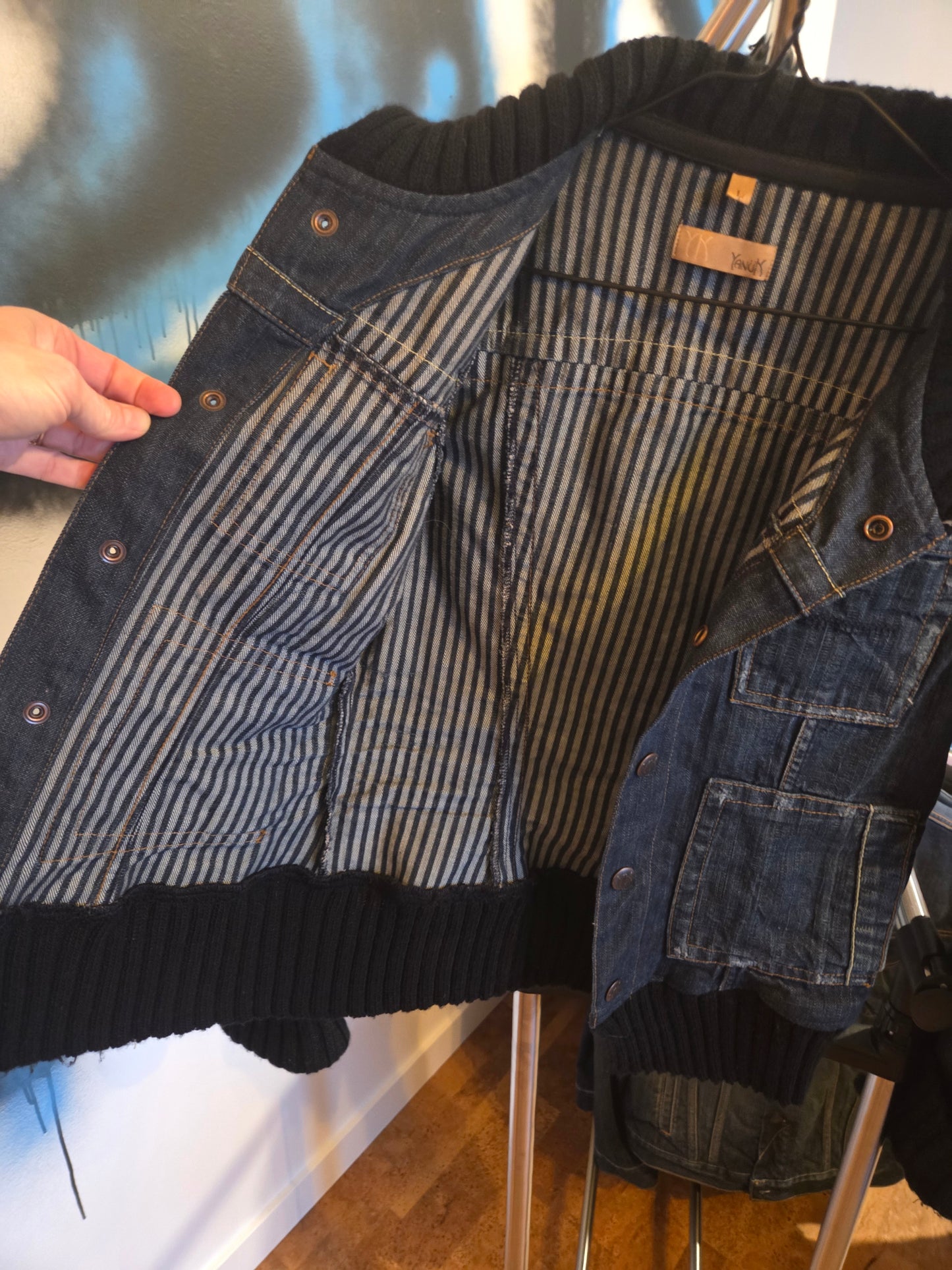 Jean Jacket with sweater edging on bottom, neck and sleeves