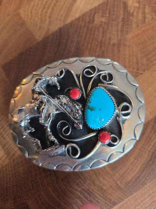 Squaw Wrap authentic tourquoise/coral silver color metal belt buckle...signed.