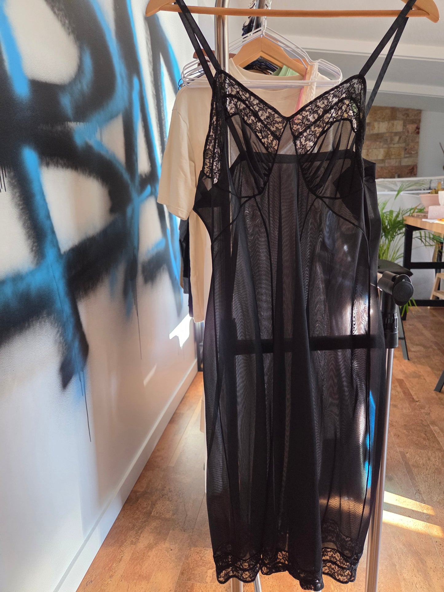 Prova vintage black knee length lace trimmed slip
