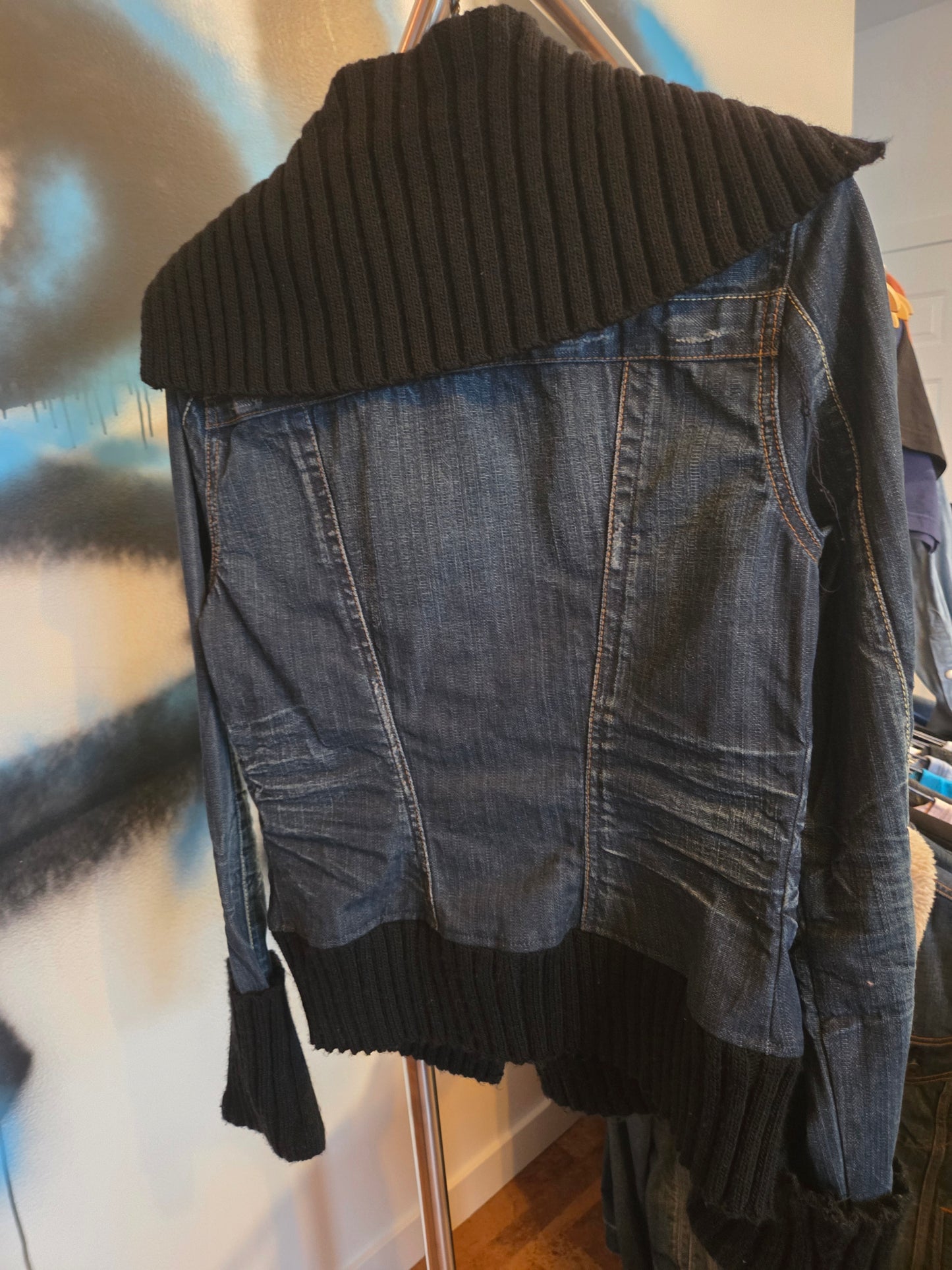 Jean Jacket with sweater edging on bottom, neck and sleeves